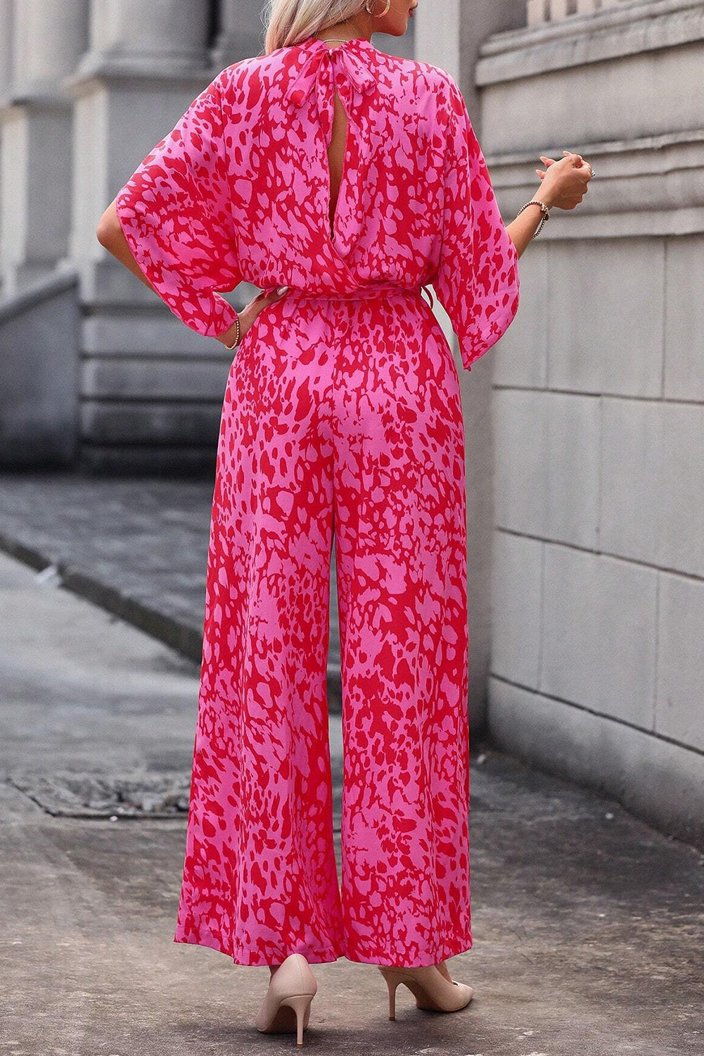 Rose leopard lose ärmel gürtel mit weitem bein jumpsuit