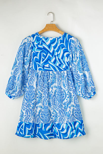 Himmelblau bohemian print puff sleeve tied v neck flared mini dress