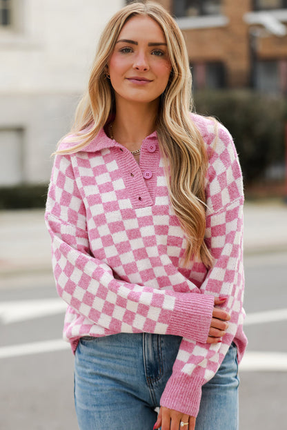 Rosa karierter knöpfe kragen v-ausschnitt drop shoulder pullover