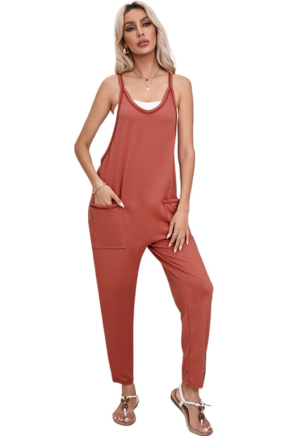 Gold flamme seitentaschen haremshose ärmelloser v-ausschnitt jumpsuit