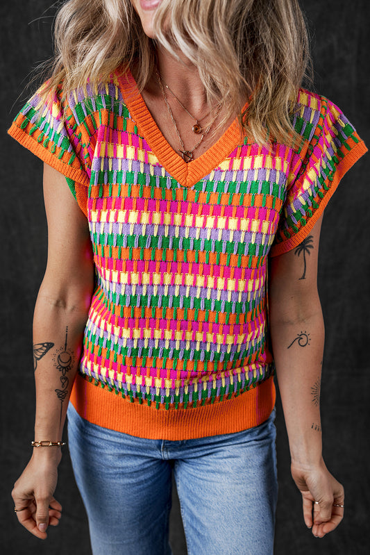 Orange multi flatterärmel strickpullover top