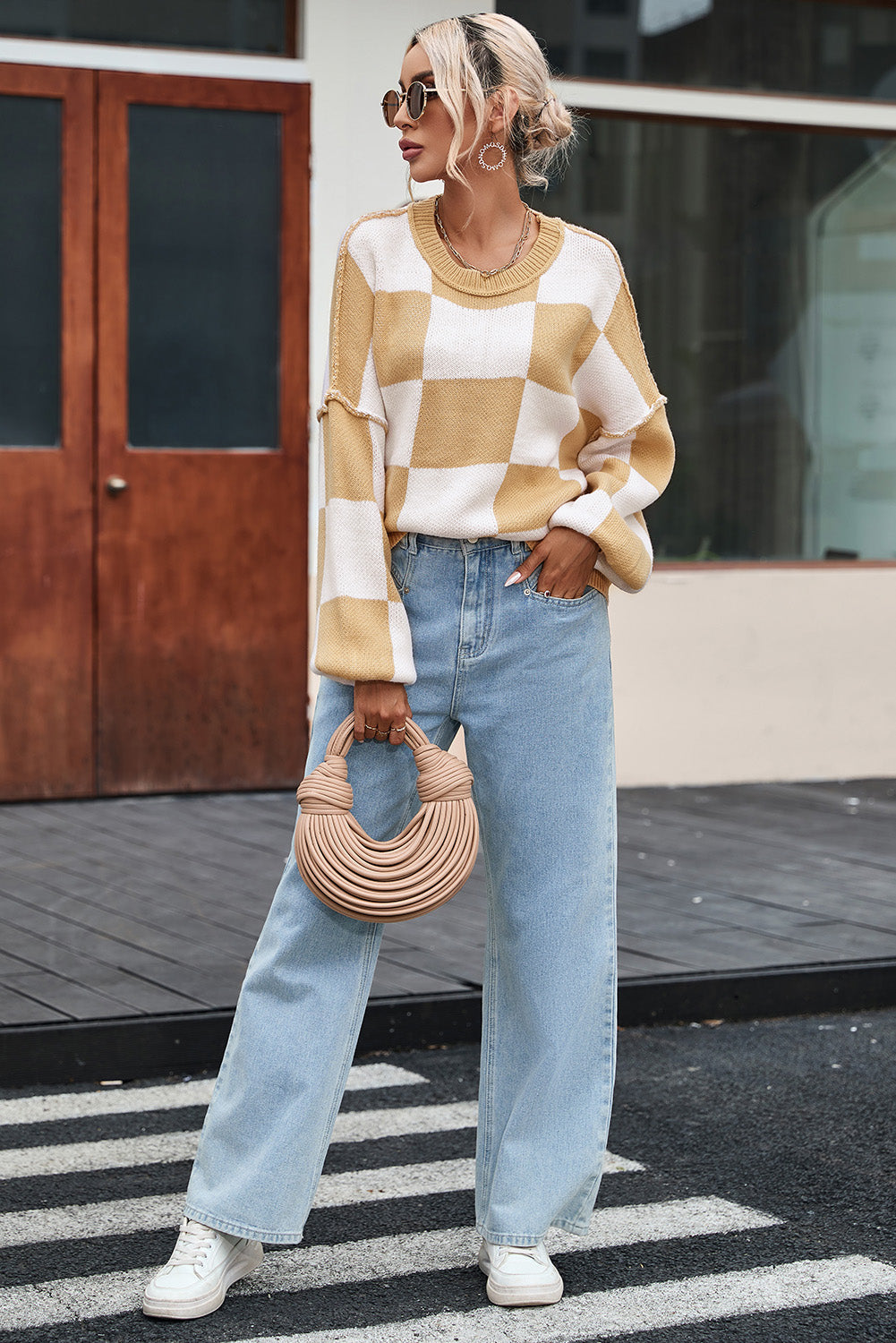 Khaki karierter pullover mit läuferärmeln