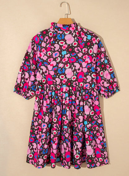 Rose Abstrakt Druck V-Ausschnitt Kragen Halbe Ärmel Kurzes Kleid
