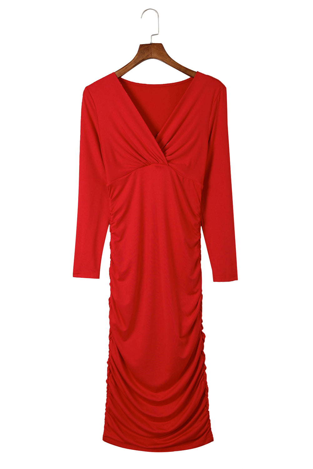 Feurig rotes langärmeliges wickelkleid mit gerüschtem v-ausschnitt und bodycon-kleid