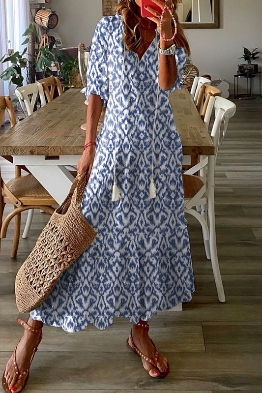 Himmelblau V-Ausschnitt Casual Geometric Print Maxikleid