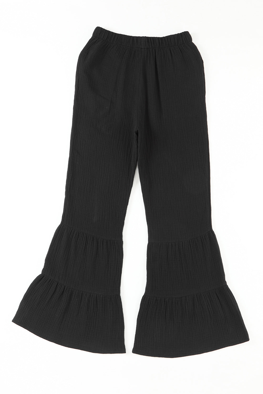 Schwarze strukturierte hose mit hoher taille und gerafftem glockenboden