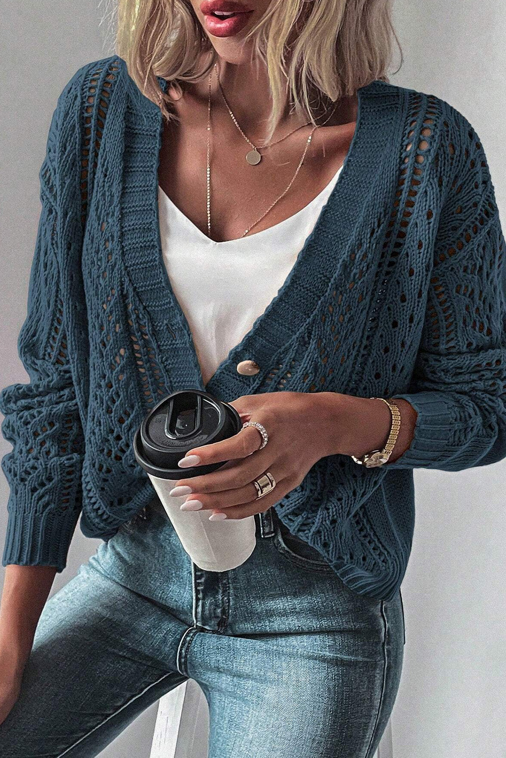Real teal open knit drop shoulder pullover cardigan