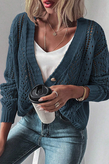 Real teal open knit drop shoulder pullover cardigan