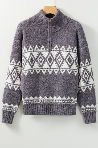 Grauer western pullover mit geometrischem aufdruck und viertelreißverschluss