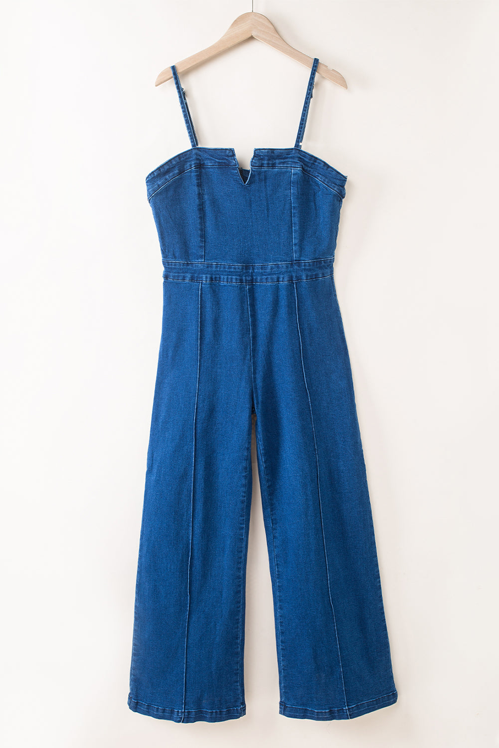 Blauer spaghetti-riemen kerbe v denim jumpsuit