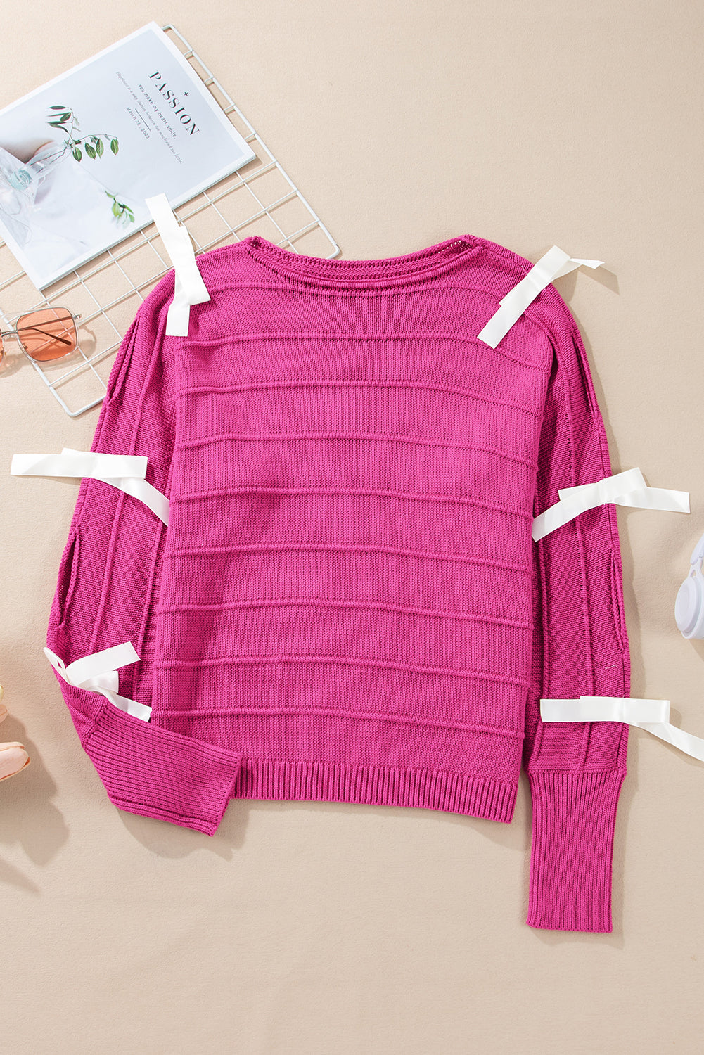 Rose red bow knot cut out rundhalsausschnitt loose sweater