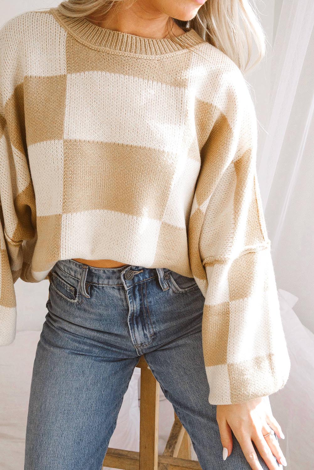 Khaki karierter pullover mit läuferärmeln