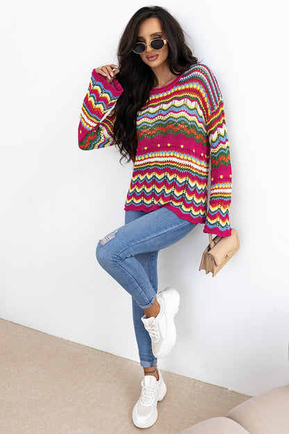 Rosenroter colorblock gestreifter strickpullover mit losen ärmeln