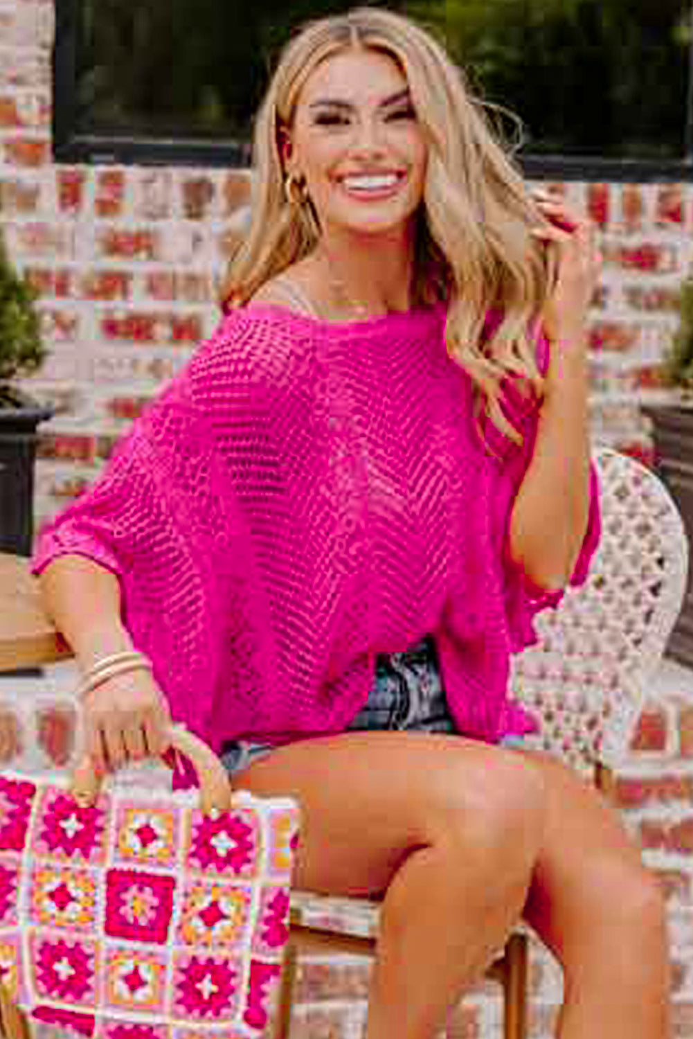 Rose red pointelle knit jakobsmuschel rand kurzarm top