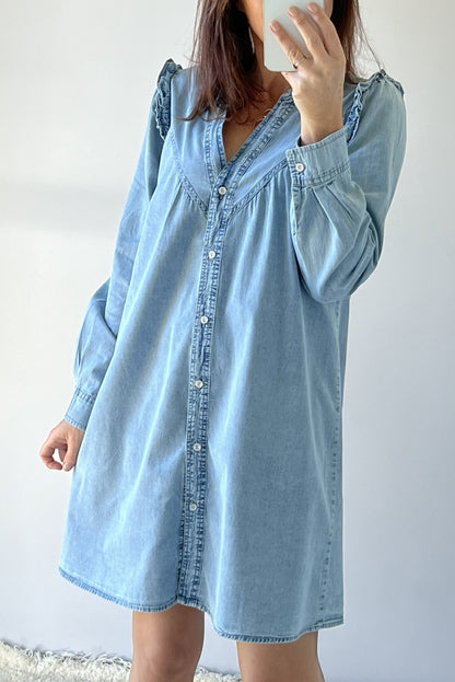 Myosotis Geraffter V-Ausschnitt Geknöpftes Shift-Denim-Kleid