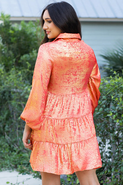 Peach blossom metallic sheen puffärmel button up mini shirt kleid