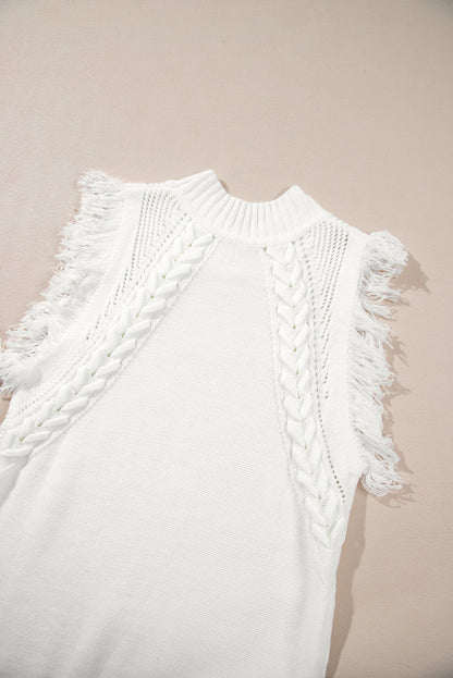 Weißer gewebter ärmelloser pullover mit quastenausschnitt weste