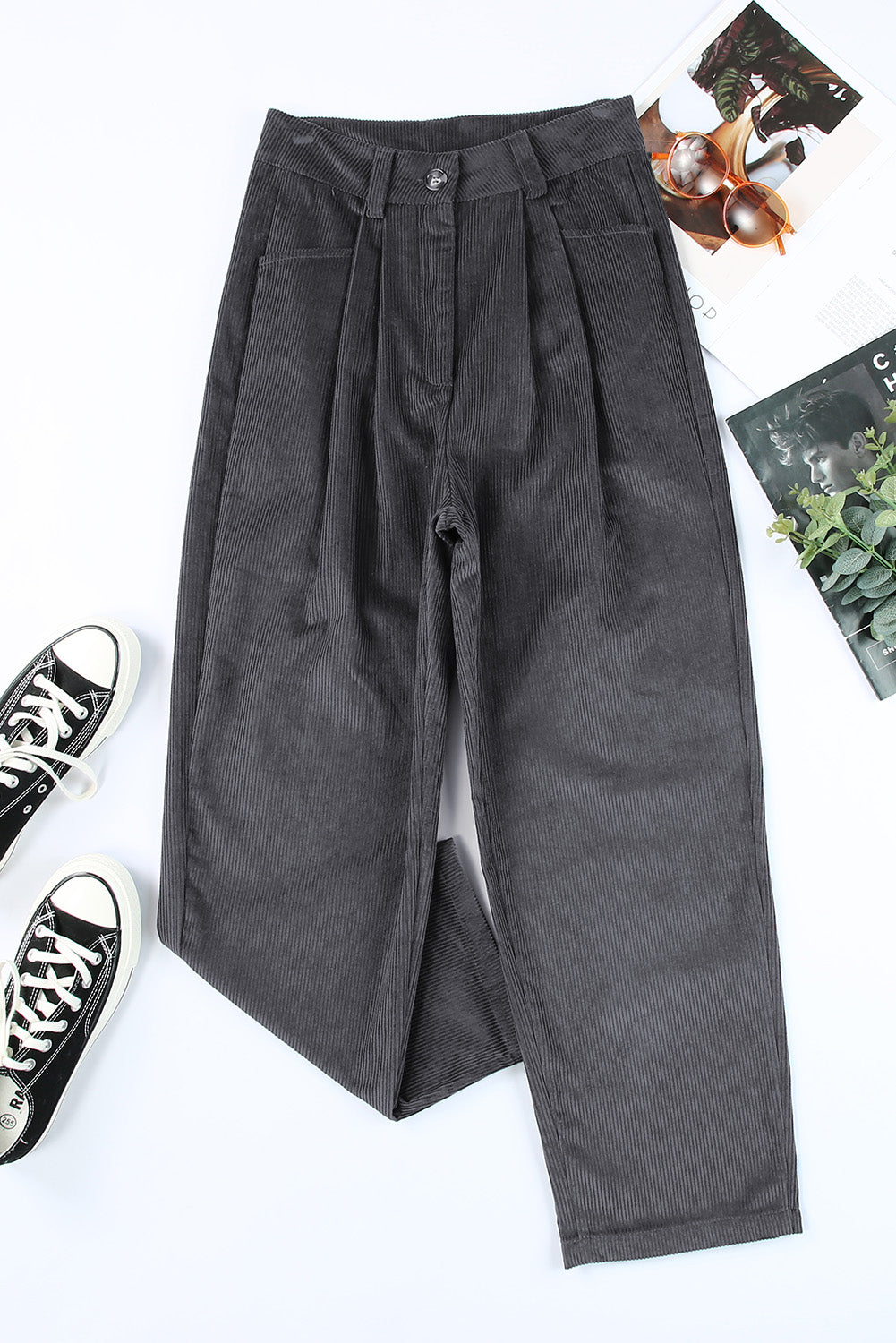 Graue kordhose mit hoher taille und geradem bein