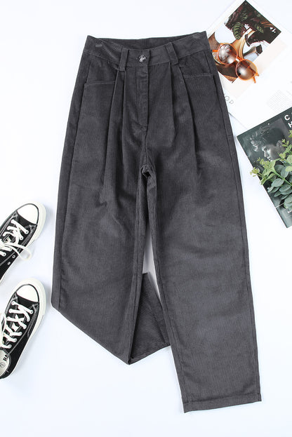 Graue kordhose mit hoher taille und geradem bein
