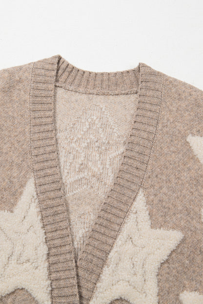 Khaki sherpa sternmuster strukturierte strickjacke mit taschen