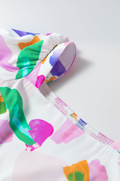Lila Abstraktes Print Puffärmel Midikleid mit gesmoktem Rücken
