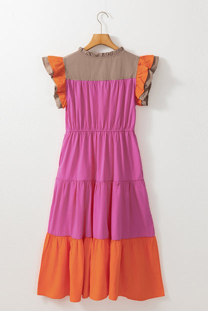 Bonbon farbblock gestuftes kleid mit gekerbtem hals und rüschenärmeln