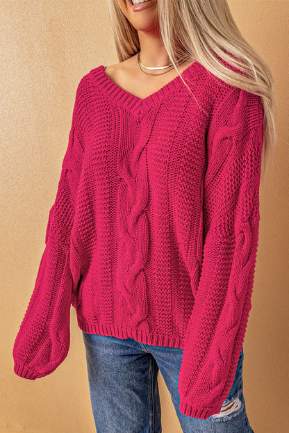Rose bubblegum v-ausschnitt zopfstrickpullover