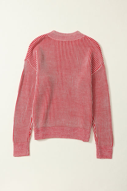 Gestreifter druck gerippter besatz pullover mit rundhalsausschnitt