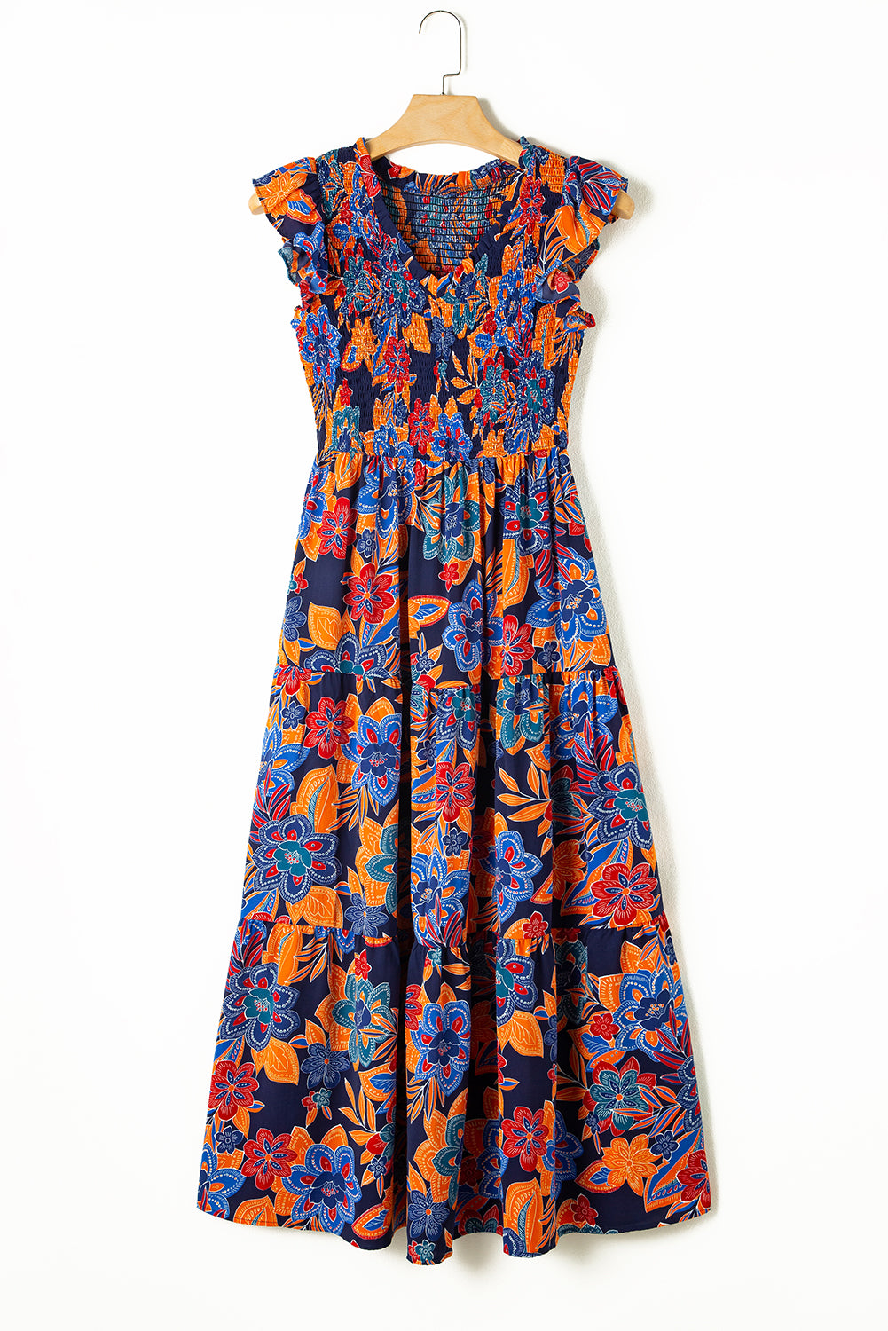 Dunkelblau boho floral v-ausschnitt rüschen gestreiftes langes kleid