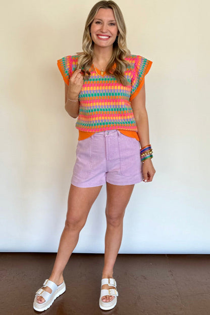 Orange multi flatterärmel strickpullover top