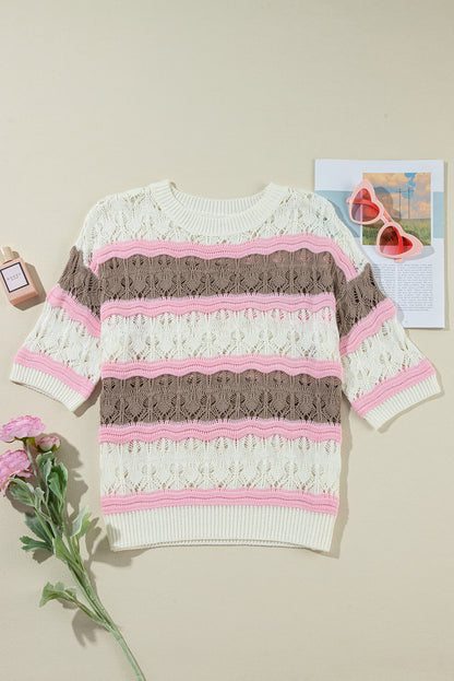 Brown stripe color block hollow out crochet half sleeve pullover