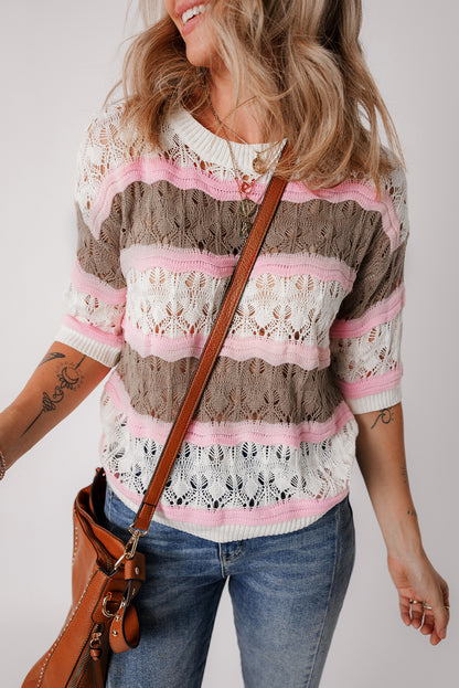Brown stripe color block hollow out crochet half sleeve pullover