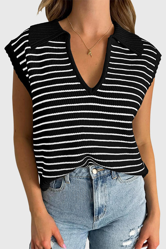 Schwarz gestreiftes pullover-tank-top mit v-ausschnitt
