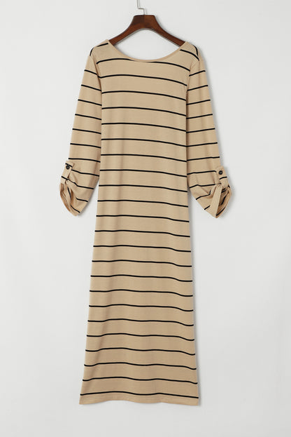 Apricot Gestreiftes Lässig geschlitztes langes Kleid