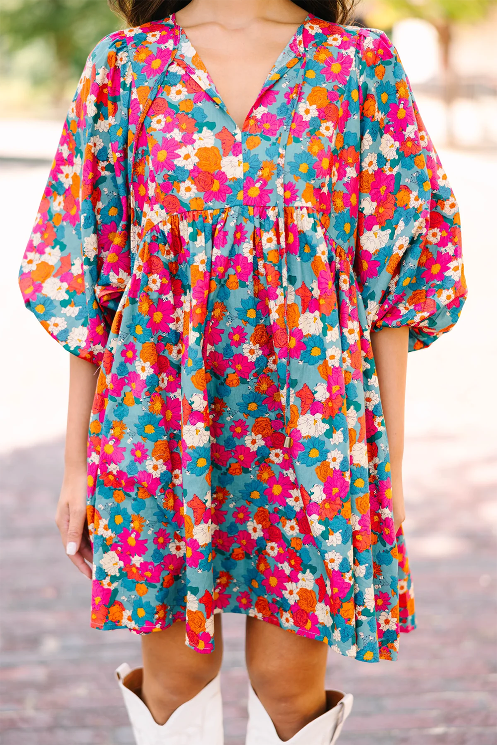 Himmelblau floral print krawatte split neck bubble sleeve babydoll kleid