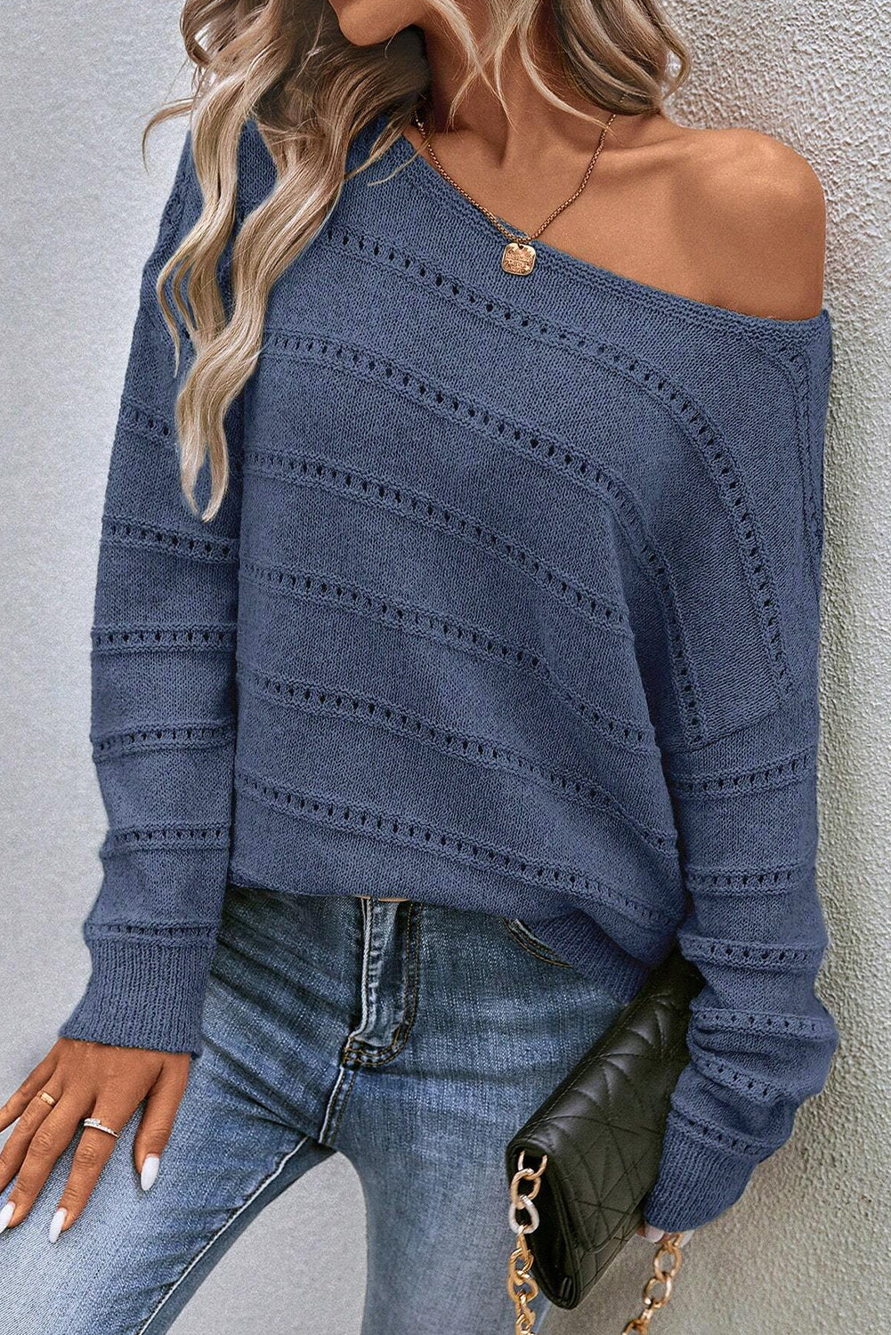Real teal boot-ausschnitt drop shoulder pointelle strickpullover