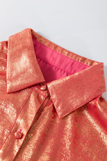 Peach blossom metallic sheen puffärmel button up mini shirt kleid