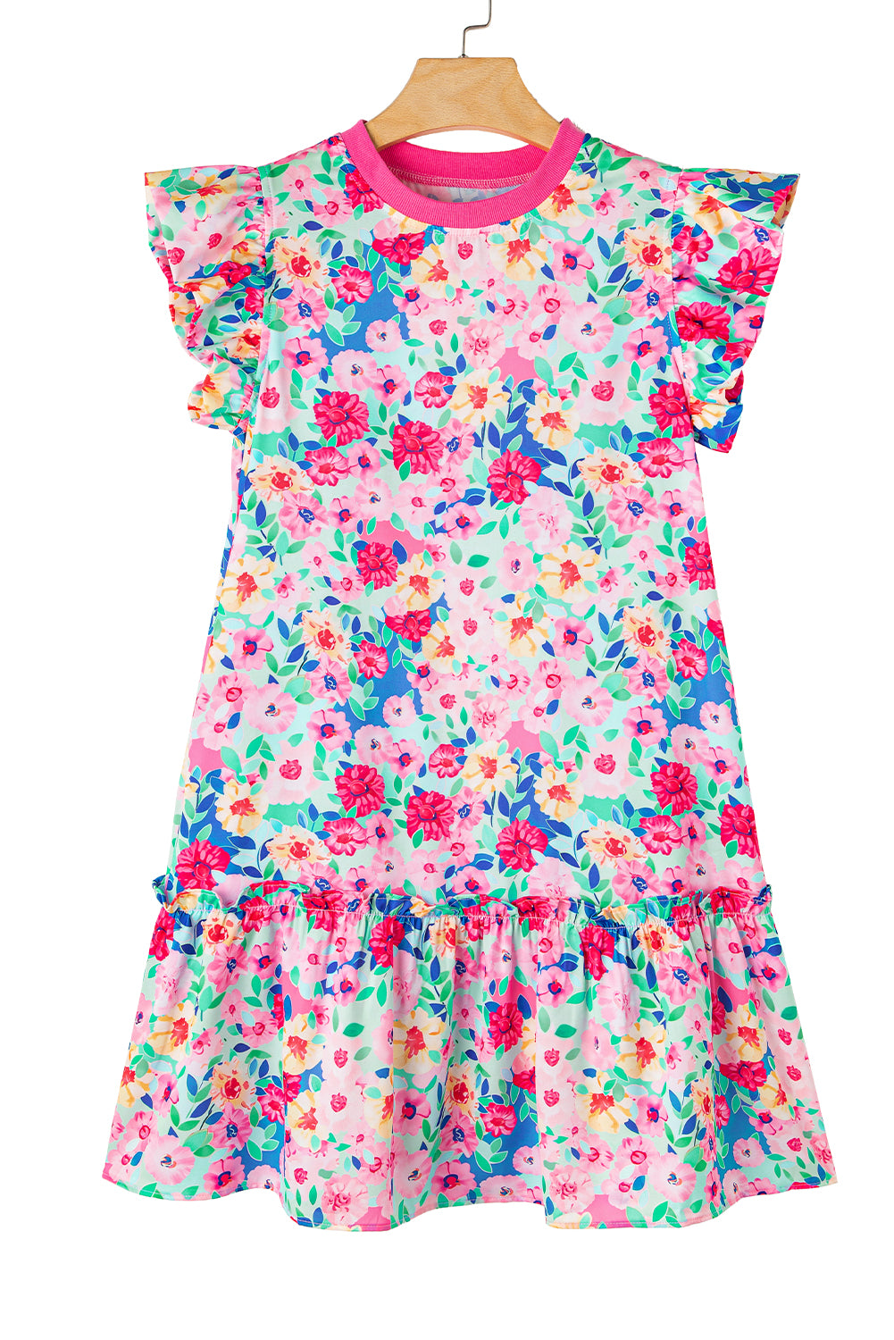 Multicolour floral print flatterärmel gerafftes minikleid