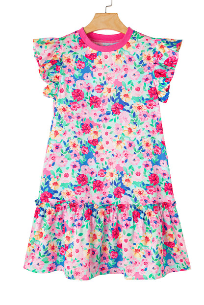Multicolour floral print flatterärmel gerafftes minikleid