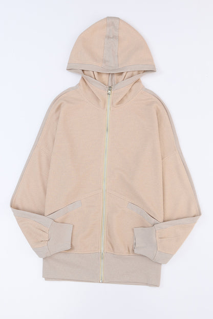 Khaki thermal waffle knit full zipper hooded jacket