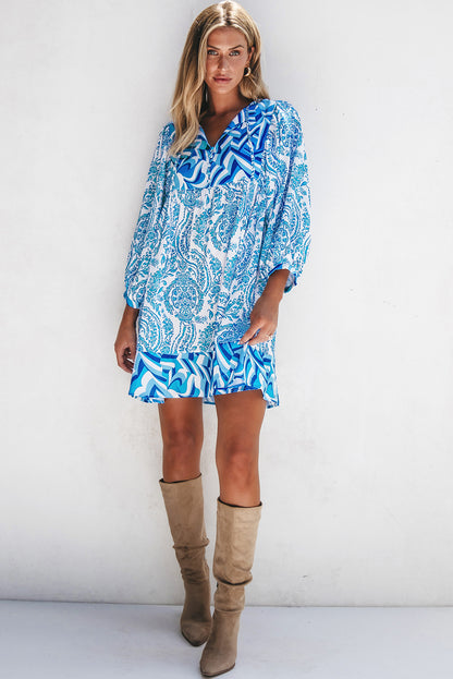 Himmelblau bohemian print puff sleeve tied v neck flared mini dress