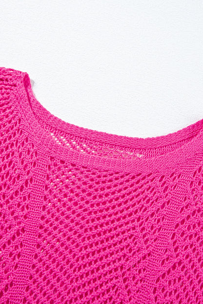 Rose red pointelle knit jakobsmuschel rand kurzarm top