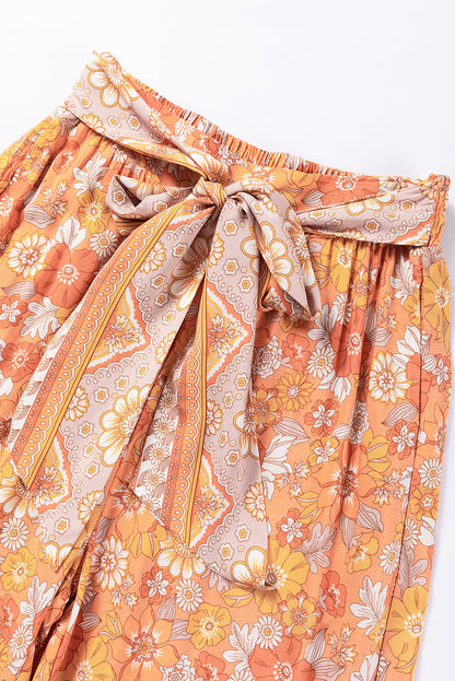 Grapefruit orange krawatte taille boho floral wide leg hose