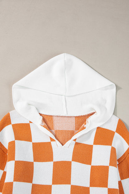 Gold flame checkered split neck kontrast kängurutasche kapuzenpullover