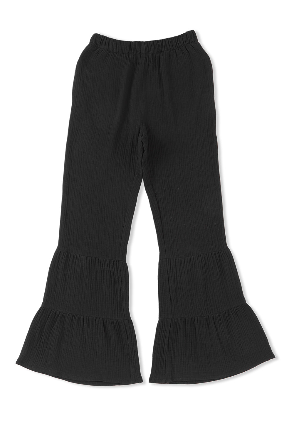 Schwarze strukturierte hose mit hoher taille und gerafftem glockenboden