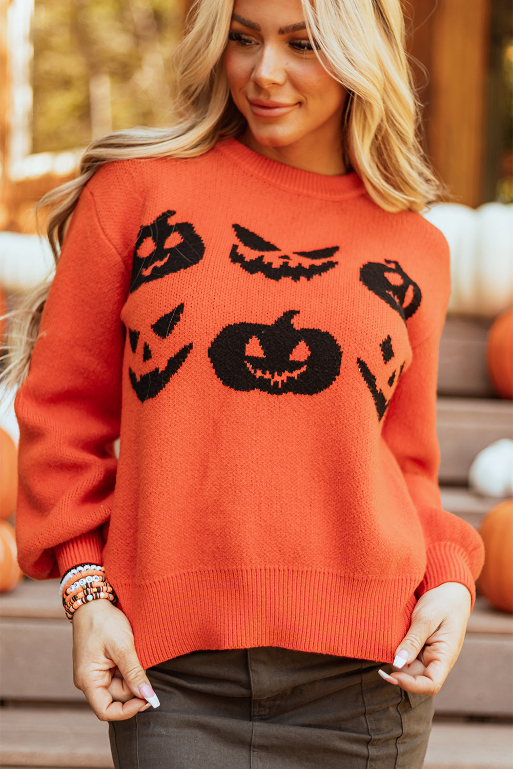 Orange halloween kürbis gesicht muster drop shoulder pullover