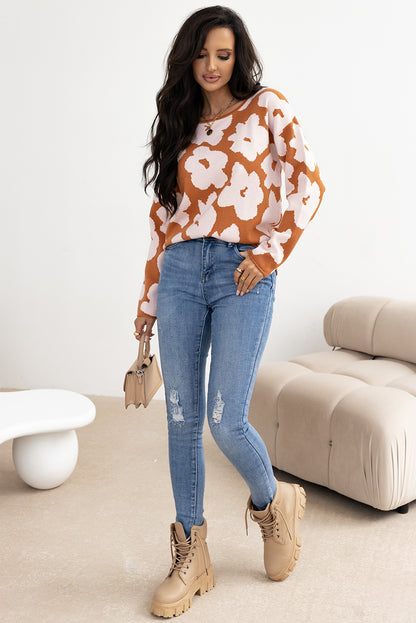 Braunes blumenmuster rundhalsausschnitt langarm pullover