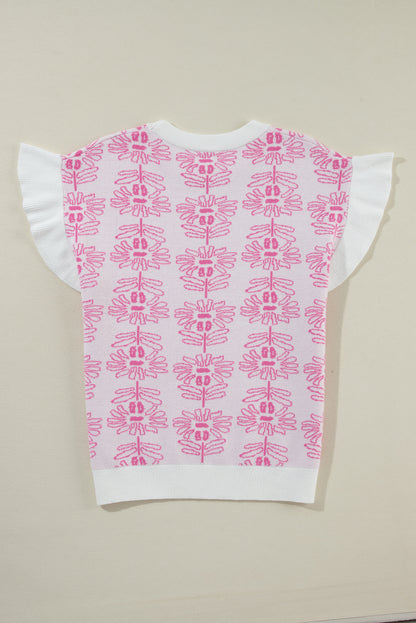 Weißer pullover mit blumenmuster und gerafften kurzen ärmeln