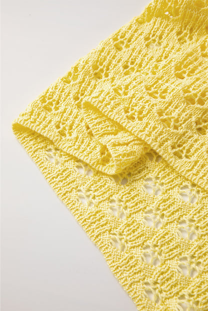 Gelber pointelle-strickpullover mit v-ausschnitt strickjacke