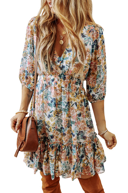 Himmelblau floral 3/4 ärmel v-ausschnitt hohe taille gerafftes kleid